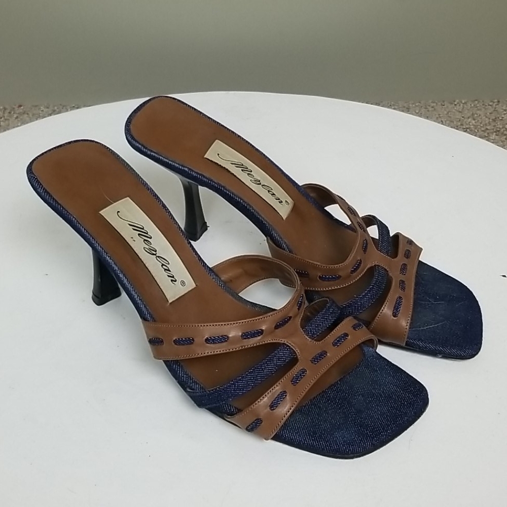 Mezlan Leather & Denim Heeled Sandals 7.5